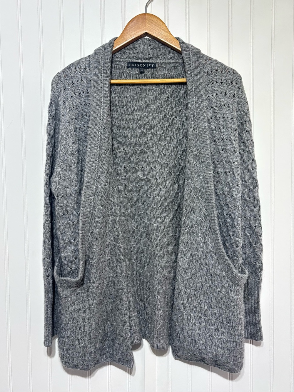 Brixon Ivy Gray Cashmere Blend Open Front Chunky Cardigan Sweater Size M Cozy